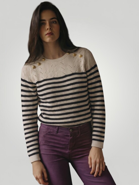 Talbots Sweaters - Talbots Petites Breton Stripe Sweater SP Navy Cream Gold Crown Button Pointelle